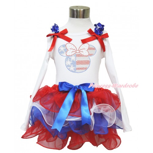 American's Birthday White Long Sleeve Top with Patriotic American Star Ruffles & Red Bow & Sparkle Crystal Bling Rhinestone 4th July Minnie Print with Matching Royal Blue Bow Red White Blue Petal Pettiskirt MW487